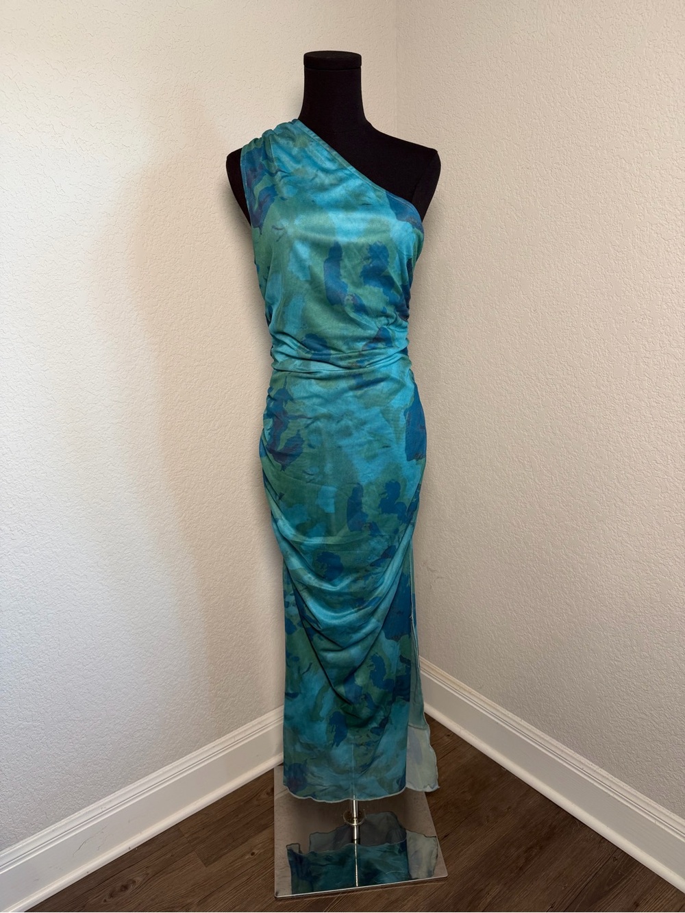One-Shoulder Teal and Aqua Evening Dress